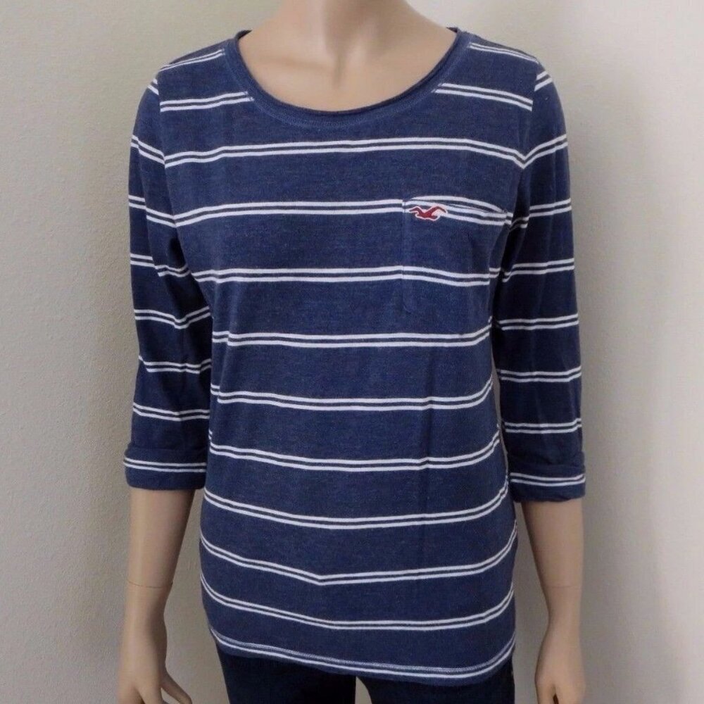 Hollister Womens Size Small Striped Top Shirt Navy Blue Blouse 3/4 Sleeves
